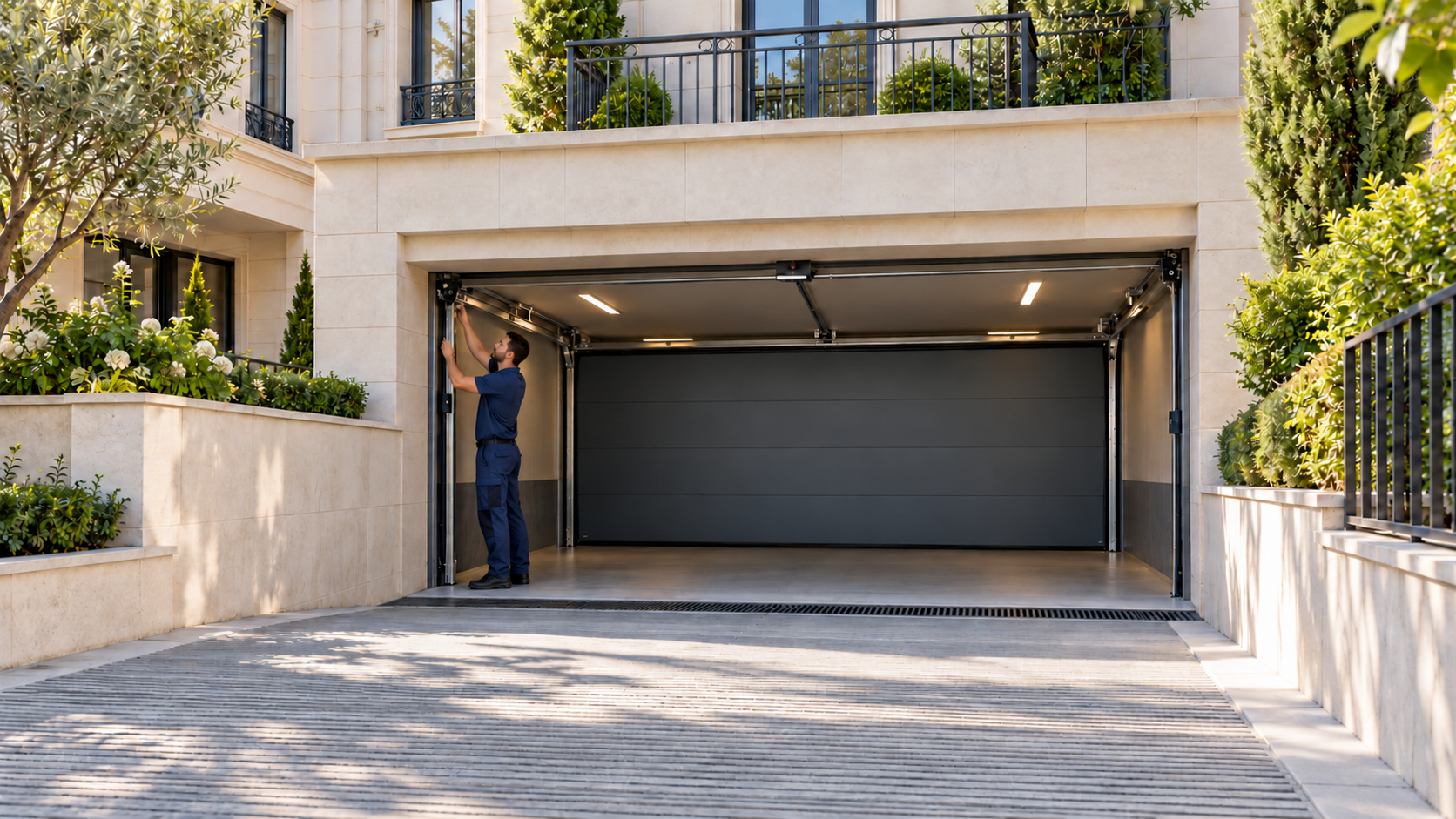 Technicien entretenant une porte de garage en copropriété — illustration IA